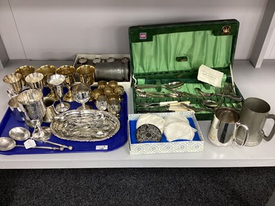 Lot 146 - Assorted Plated Cutlery, pewter and other mugs,...