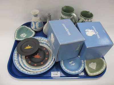 Lot 1198 - Wedgwood Jasper Ware Green Jugs, black...