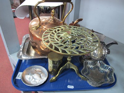 Lot 1423 - XIX Century Copper Kettle, brass trivet, CWF...