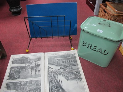 Lot 1416 - Green Enamelled Bread Bin, 50's magazine rack,...