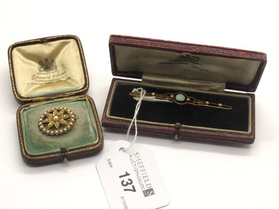 Lot 137 - An Edwardian Opal and Seed Pearl Bar Brooch,...