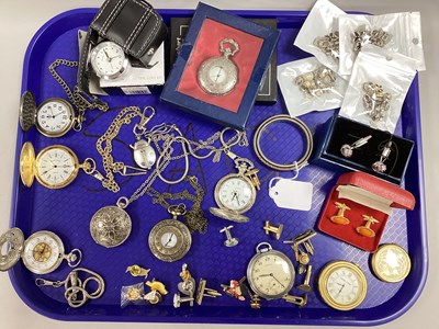 Lot 186 - Assorted Pocket Watches, pin badges, cufflinks,...