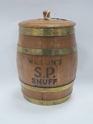 Lot 1399 - Wilson's S.P Snuff Oak Barrel, brass bound...