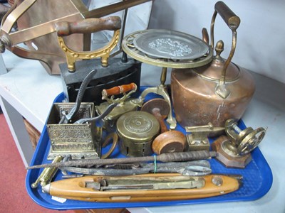 Lot 1420 - Flat Irons, copper kettle, loom, small brass...