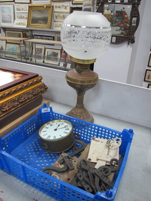 Lot 1408 - Brass Oil Lamp, brass clock 13.5cm diameter....