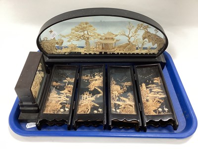 Lot 1306 - Oriental Cork Pictoral Mini Four Panel Screen,...