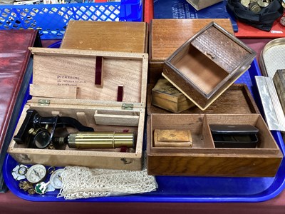 Lot 1365 - Microscope in Wooden Case, other treen boxes,...