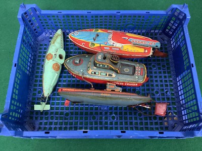 Lot 603 - Four Clockwork Tinplate Model Boats,...