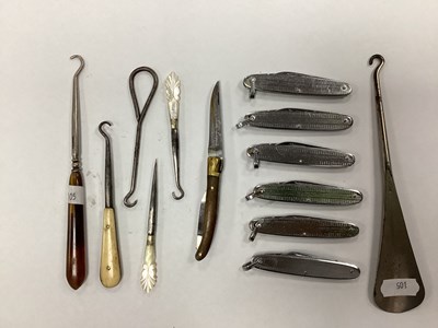 Lot 1279 - Button Hooks, pen knives, lady laguiole pen...