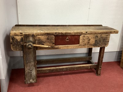 Lot 1483 - Pine Workbench, with a single drawer, clamp,...