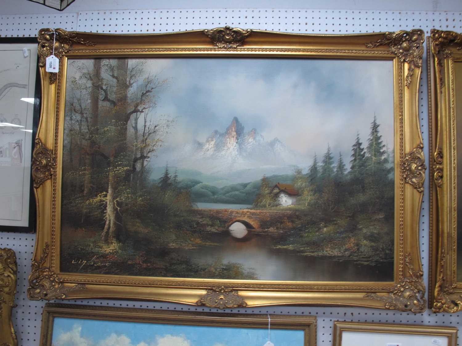 Lot 1526 - Dalhalt Windberg, Alpine scene with bridge and...