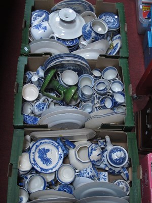 Lot 1023 - Blue White Willow, plates, bowls, cup-saucers,...
