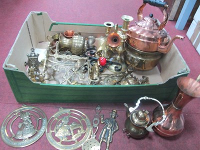 Lot 1402 - Copper Kettle, copper jugs, brass candlesticks...