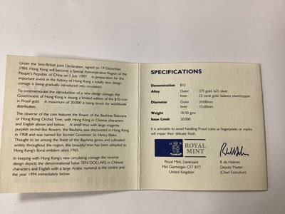 Lot 608 - 1994 Royal Mint Gold Proof And Bi-Metalic Hong...