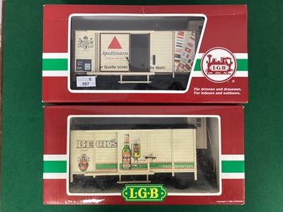 Lot 567 - Two LGB G Scale German outline Brewery Wagons,...