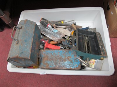 Lot 1126 - Spanners, socket set, drill, chisels etc:- One...