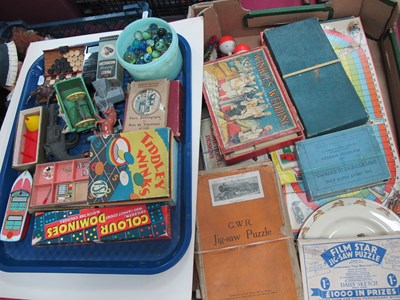 Lot 1321 - A Box of Vintage Toys, including G.W.R. jigsaw,...