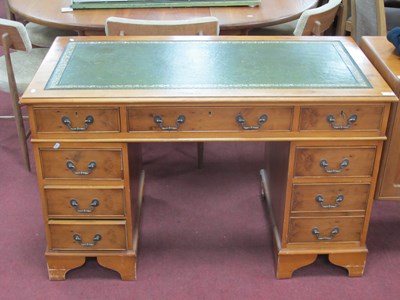 Lot 1524 - Yew Wood Flat Top Desk, with green tooled...