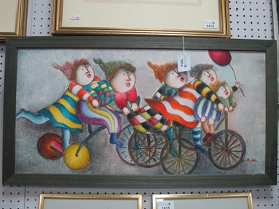 Lot 1414 - Joyce Royabl (Born 1955) Cyclists, oil on...