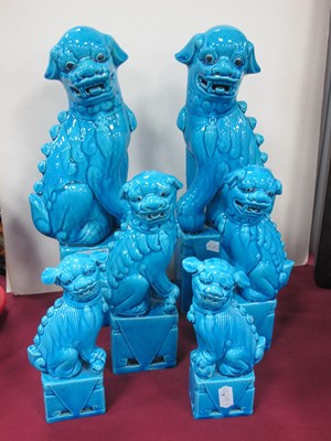 Lot 1290 - Three Pairs of Turquoise Glaze Temple Lions,...