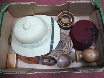 Lot 1019 - Vintage Hats, pith helmet, fez. Treen goblets,...