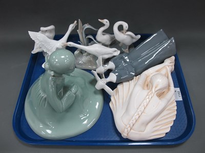 Lot 1142 - Lladro Geese Figures, Oriental Celadon on...