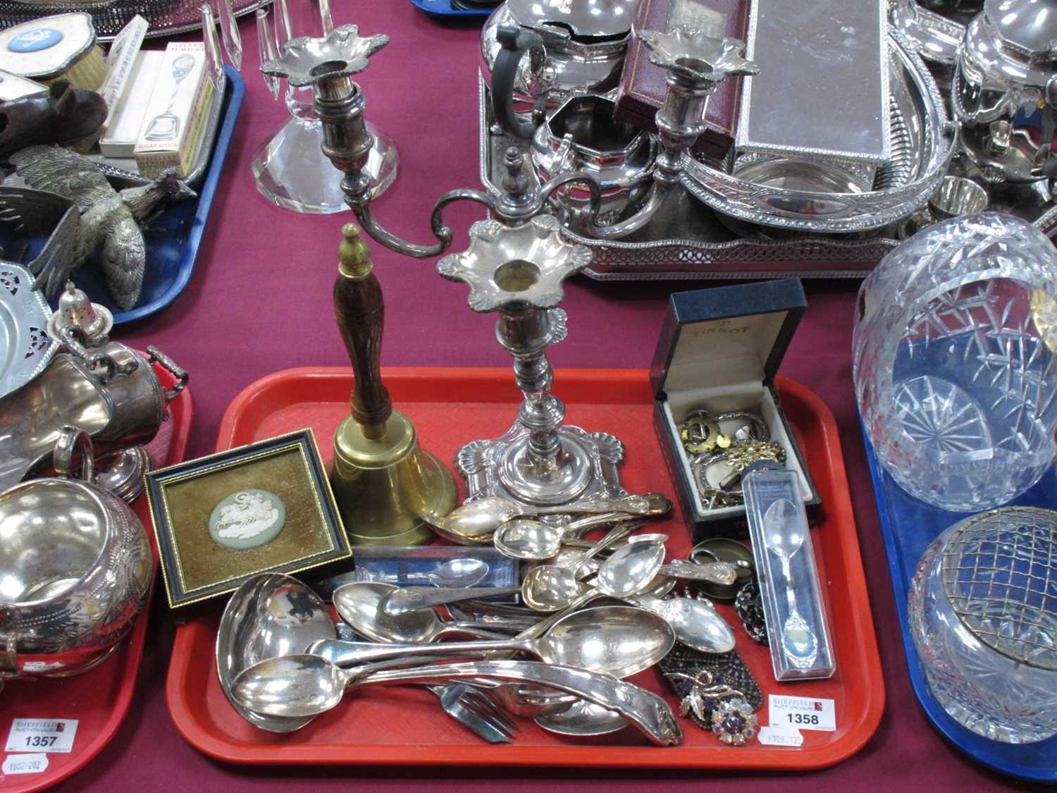 Lot 1358 - Candelabra, cutlery, costume jewelry, etc:-...