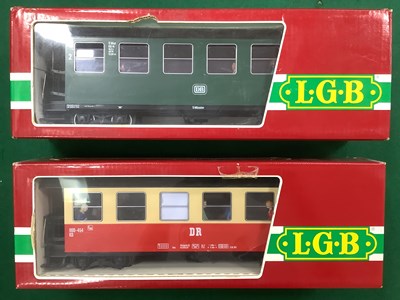 Lot 589 - Two boxed LGB G gauge bogie coaches with...