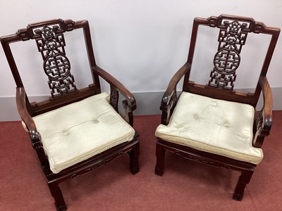 Lot 1586 - A Pair of Chinese Hardwood Open Armchairs,...