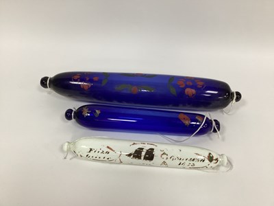 Lot 1009 - A Victorian Blue Glass Rolling Pin, painted...