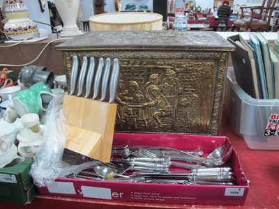 Lot 1056 - Embossed Brass Log Box & Tongs. Stainless...