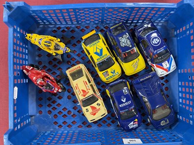 Lot 596 - Eight Plastic Model Slot Cars and Motorcycles...