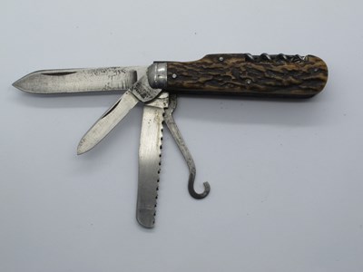 Lot 115 - Rodgers, two blades, saw, shoe hook, corkscrew,...