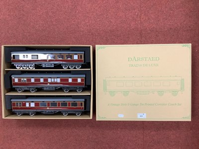 Lot 631 - Three boxed O gauge LMS coaches by Darstaed,...