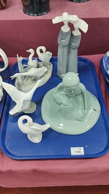 Lot 1150 - Lladro Geese Figures, Oriental Celadon on...