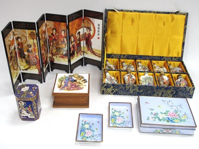 Lot 1338 - Chinese Enamel Boxes, snuff bottles, screen...