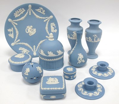 Lot 1223 - A Pair of Wedgwood Pale Blue Jasperware Urn...