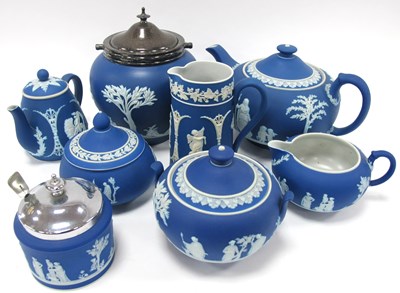 Lot 1211 - Wedgwood Blue Jasperware Teapot and Lid, sugar...