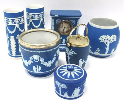 Lot 1226 - A Pair of Wedgwood Blue Jasperware Cylindrical...