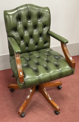 Lot 1580 - Green Leather Office Swivel Armchair, with...