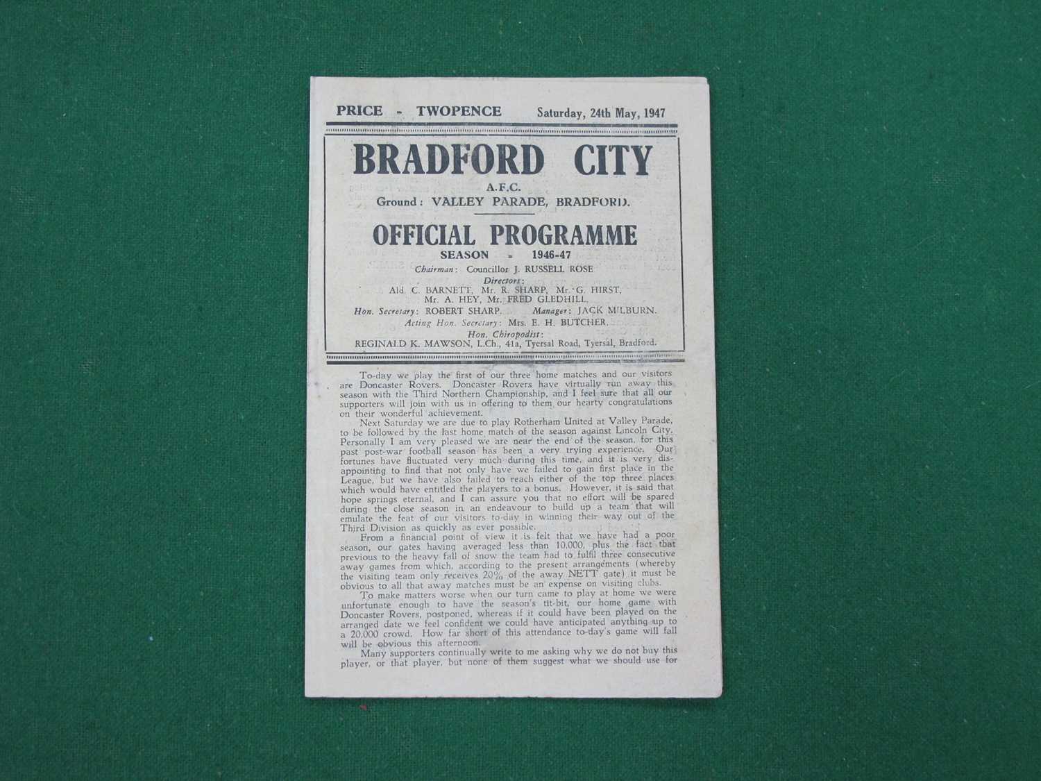 Lot 863 - Bradford City 1946-7 Four Page Programme v....