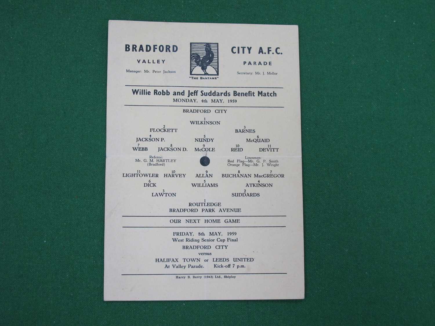 Lot 864 - Bradford City Single Sheet Card Programme 1959,...