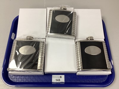 Lot 143 - Six Modern Stainless Steel 8oz Hip Flasks,...