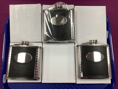 Lot 165 - Six Modern Stainless Steel 8oz Hip Flasks,...