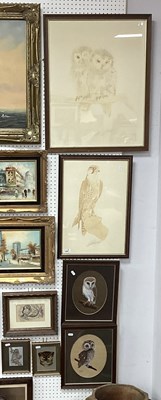 Lot 1467 - Mary Jenkins, Owls, oil paintings, oval,...