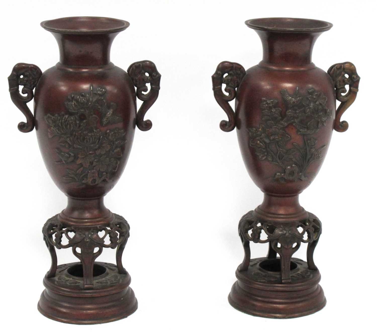 Lot 1315 - Oriental Pair of Japanese Bronze Vases, Meiji...