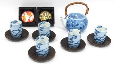 Lot 1318 - Japanese Blue White Sake Set, V.A crystal...