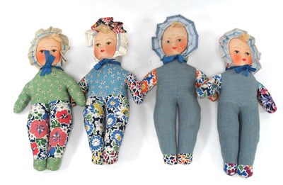 Lot 1342 - Vintage Four Cloth Dolls, all wearing bonnets:-...