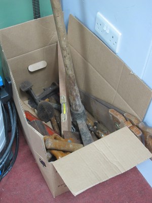 Lot 1120 - Pick Axe, spirit level, saws, plane, other...