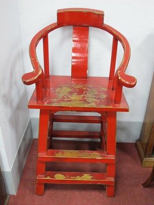 Lot 1494 - A Chinese Distressed Red Lacquer High Chair,...